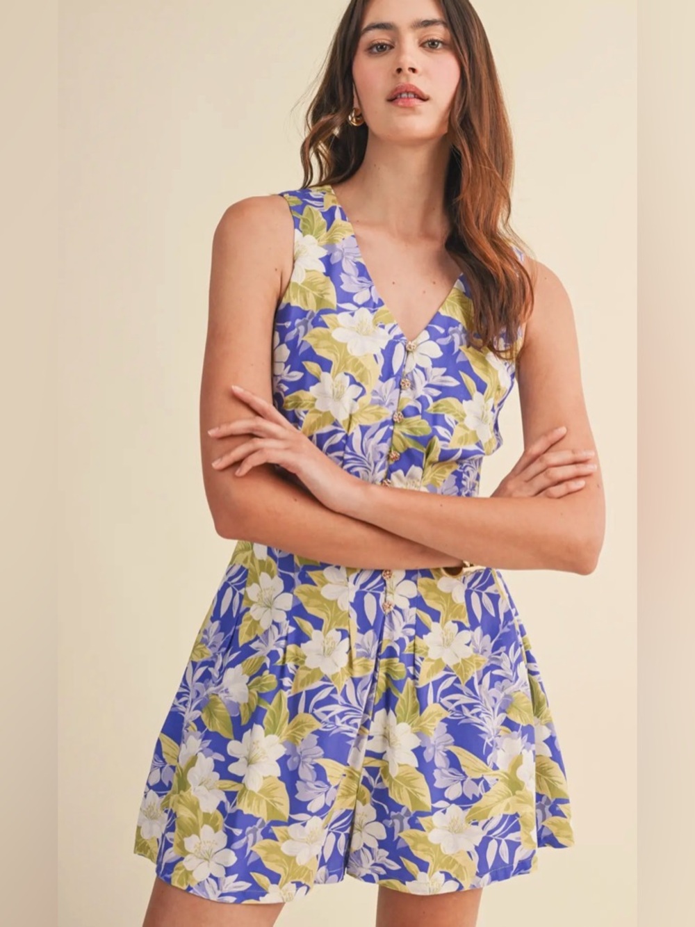 🆕 &Merci TROPICAL FLORAL PLEATED WAIST BUTTON UP ROMPER